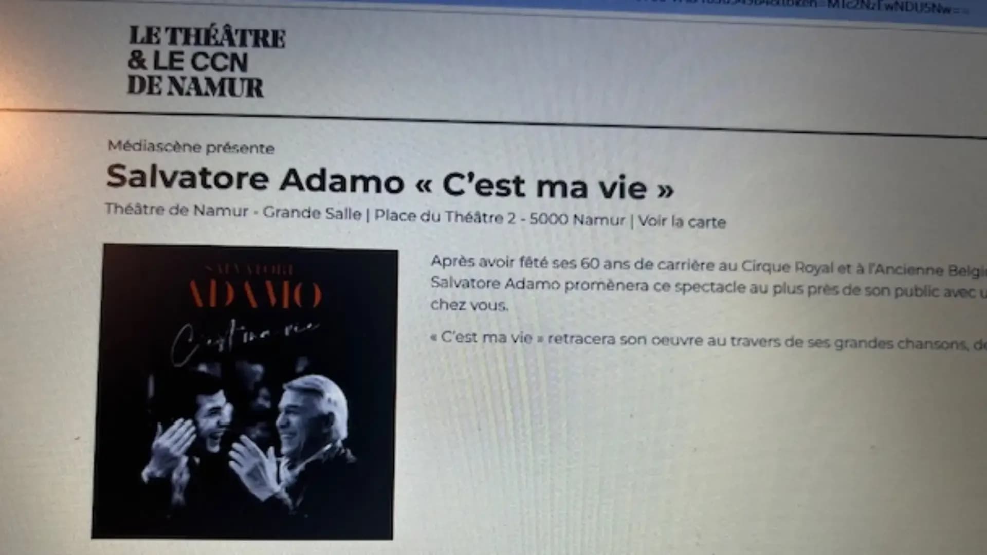 1 BILLET CONCERT ADAMO THEATRE DE NAMUR